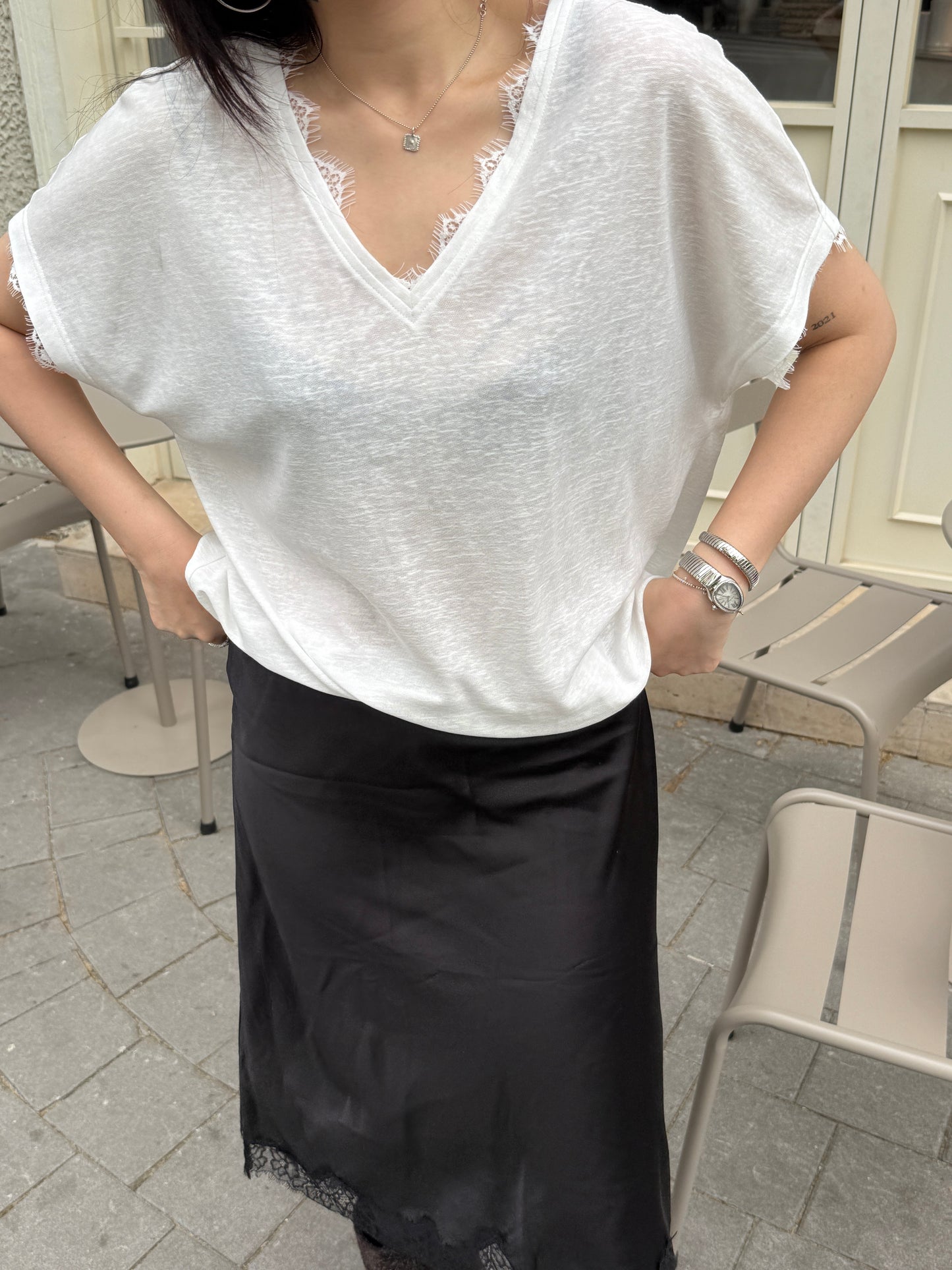 V-Neck Tee with Lace Trim
