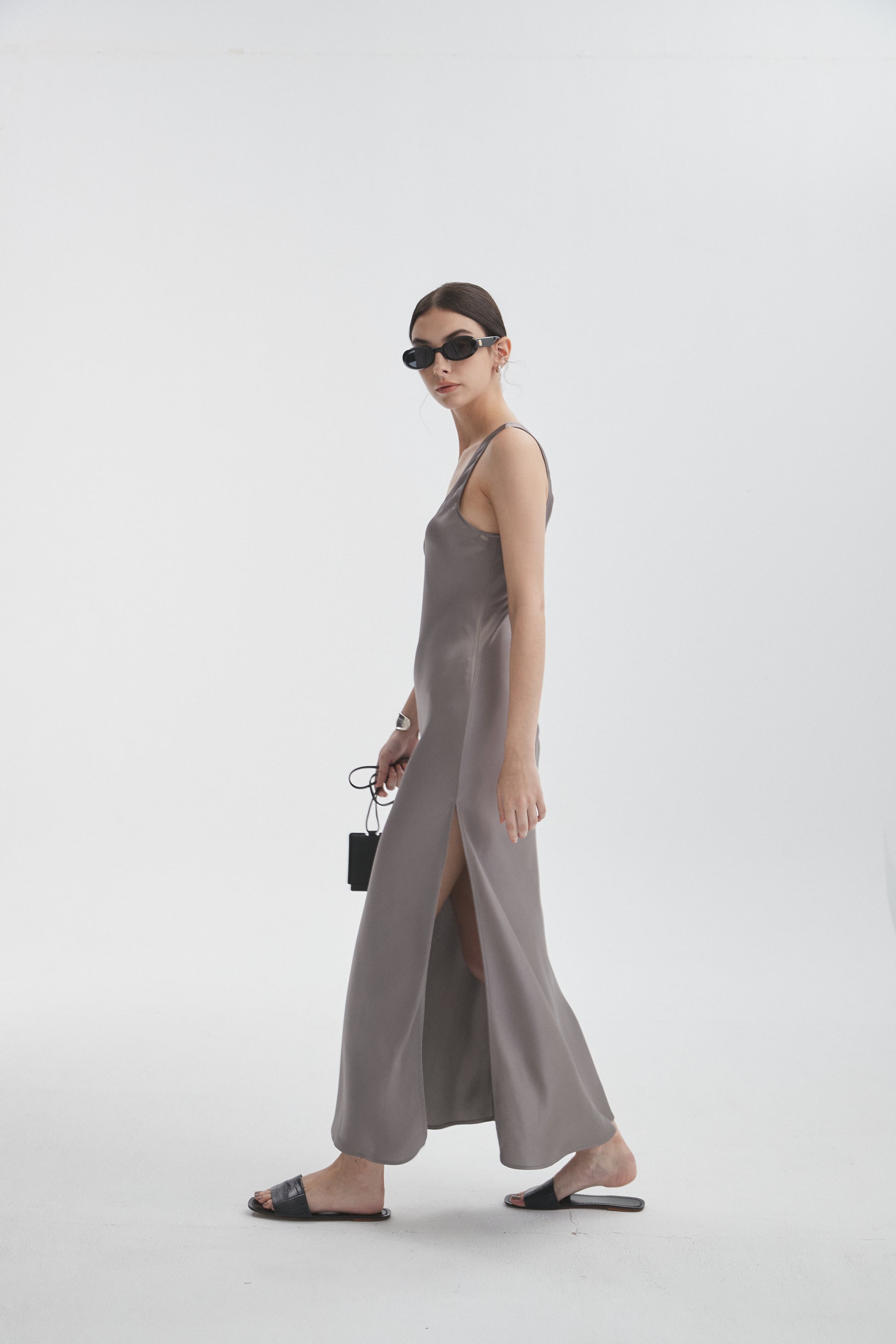 gray satin slip dress Slip Dress. Ankle-Grazer. Bias Silk Dress: Anthracite Grey Daryl K