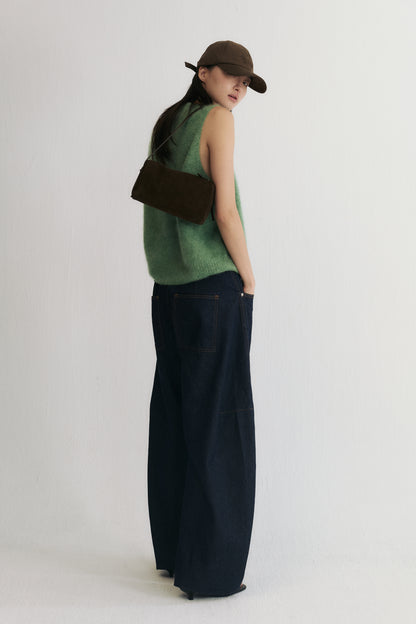 Raw denim curved leg jeans with adjustable hem detail