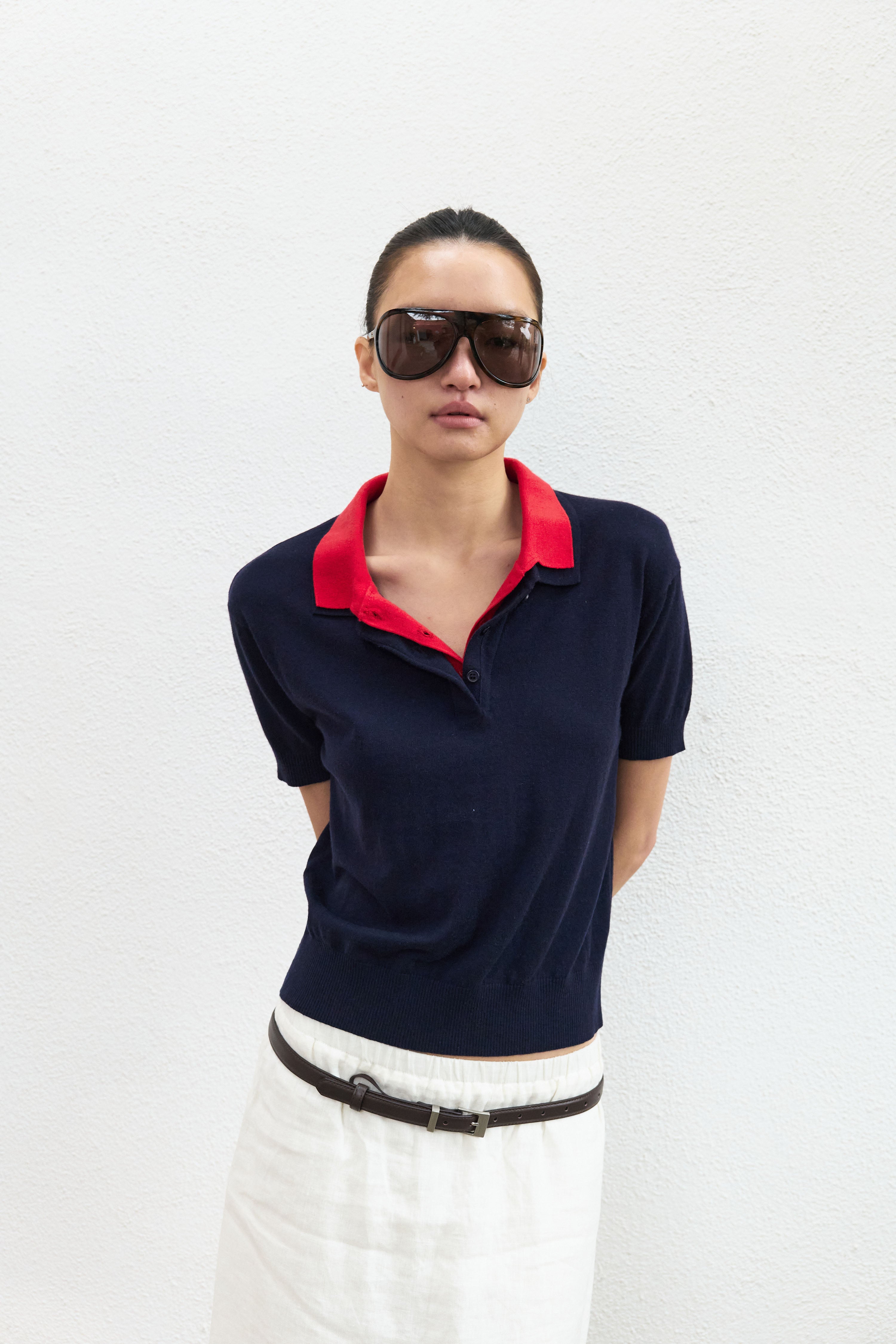 90s Narrative Layered Polo Knit | Minimalist Layered Knit Top