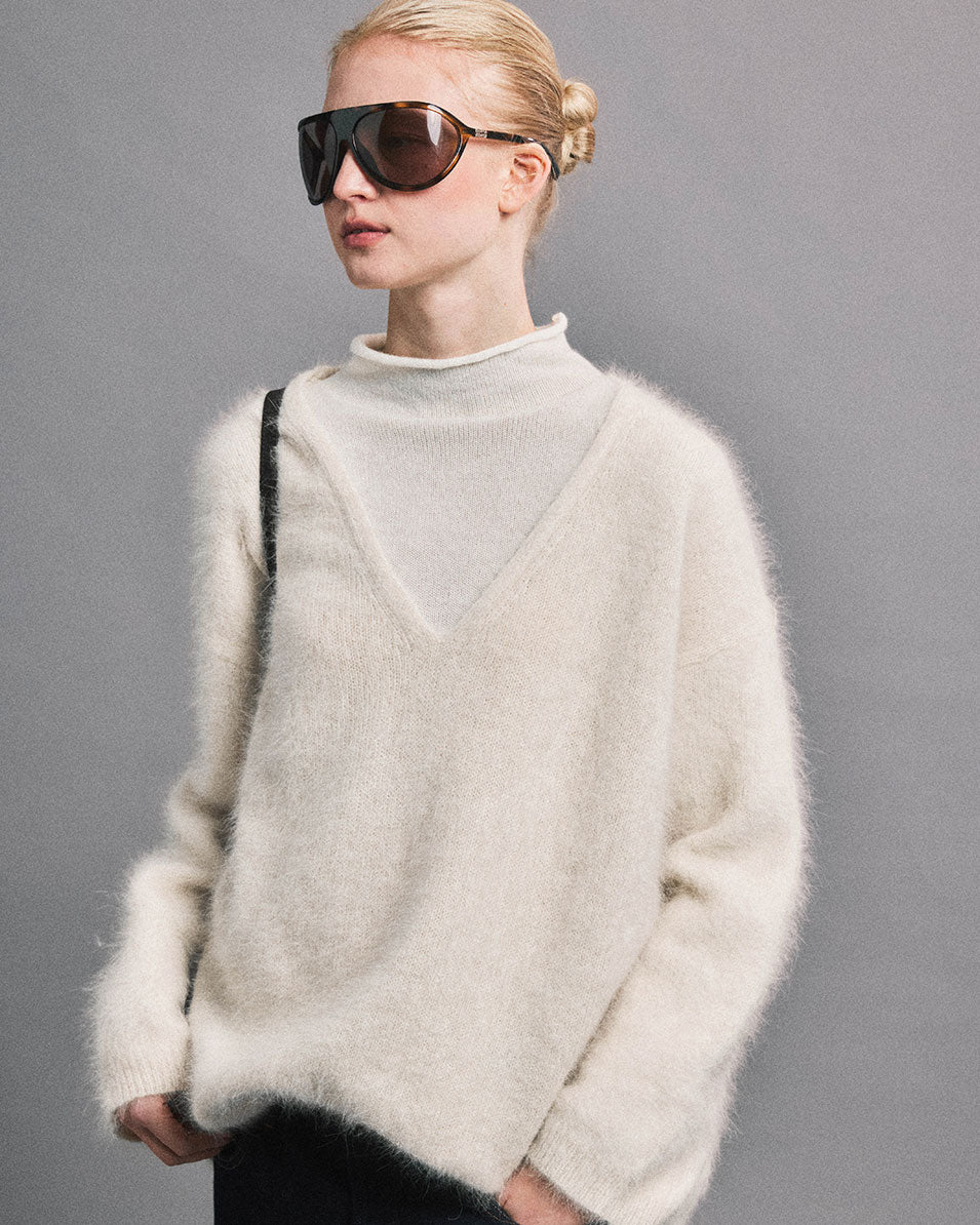 「午後書館」山羊絨拉絨假兩件高領毛衣