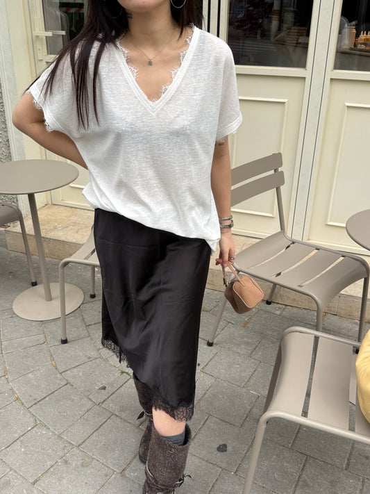V-Neck Tee with Lace Trim