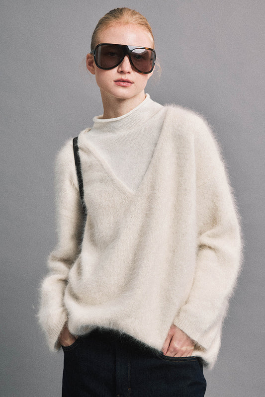 Afternoon Library Brushed Cashmere Layered Mock-Neck Sweater