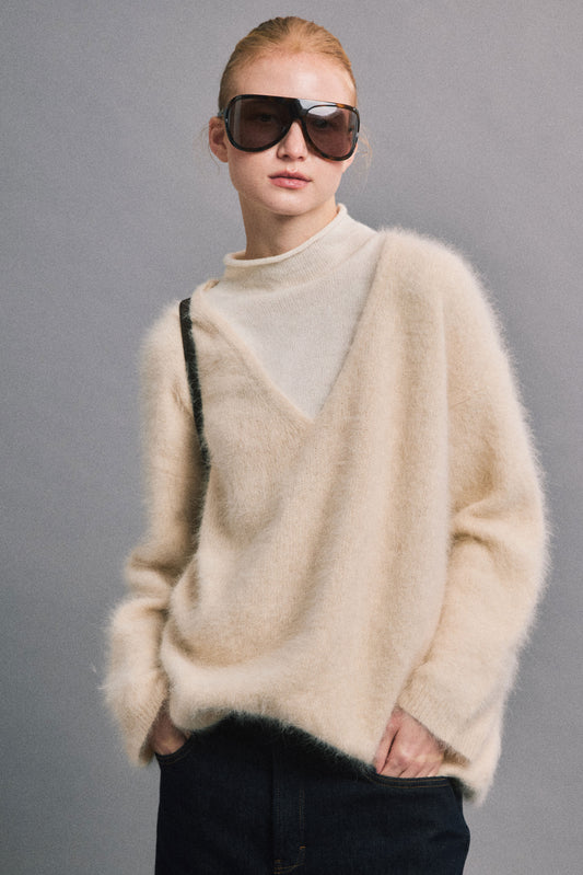 Afternoon Library Brushed Cashmere Layered Mock-Neck Sweater