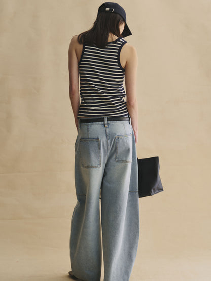 Back view of Structured horseshoe jeans in light wash blue